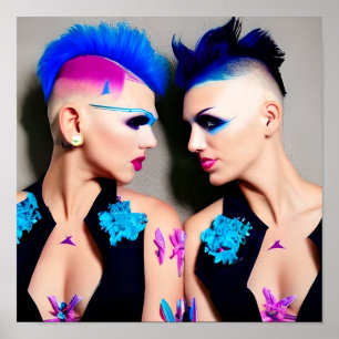Póster Mujeres con mohawks negros, rosados y azules