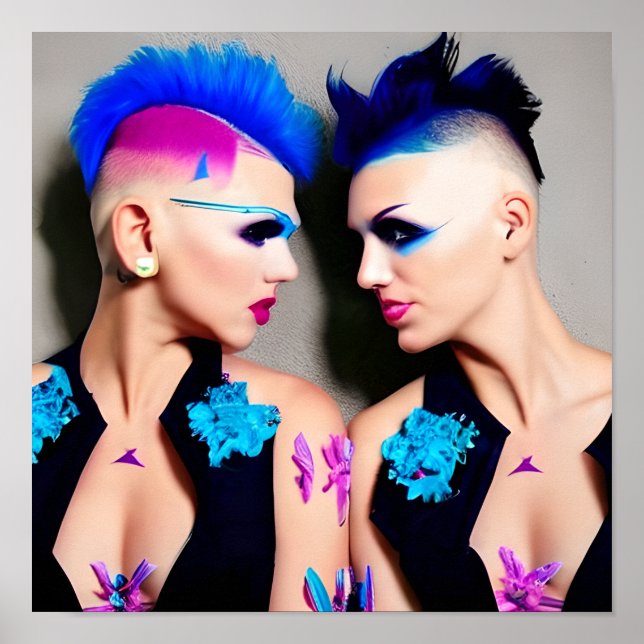 Póster Mujeres con mohawks negros, rosados y azules (Frente)
