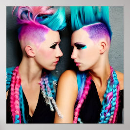 Póster Mujeres con mohawks rosas y azules