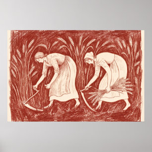 Póster Mujeres cosechando trigo con hoces Linograbado