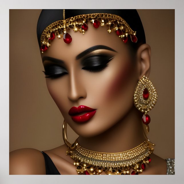 Póster Mujeres de joyas egipcias exóticas de oro rojo neg (Frente)