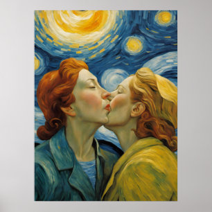 Póster Mujeres enamoradas besando noche estrellada