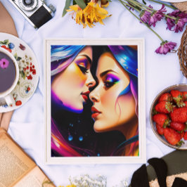 Póster Mujeres enamoradas del cabello arcoiris