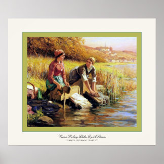 Póster Mujeres Lavando Ropa Por Una Corriente