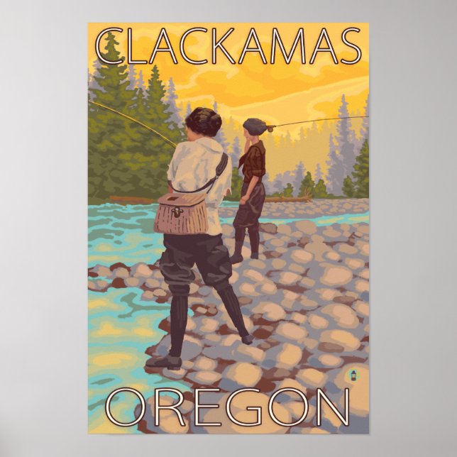 Póster Mujeres Pesca de Mosca - Clackamas, Oregón (Frente)