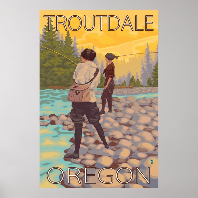 Póster Mujeres pescando en la región de Troutdale, Oregón (Frente)