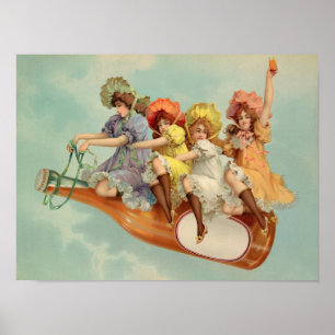 Póster Mujeres Victorianas Divertidas Bebiendo Cerveza An