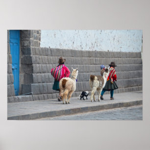 Póster Mujeres y alpacas, Cusco, Perú