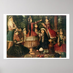 Póster Mujeres y niños en un jardín, siglo XIX (aceite