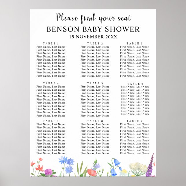 Póster Multihued Wildflower Baby Shower Seating Charts (Frente)