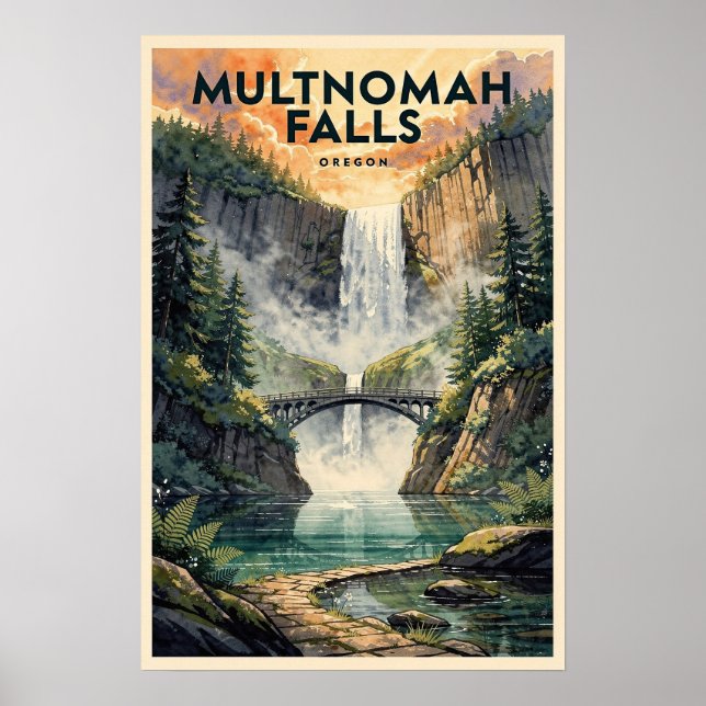 Póster Multnomah Falls Oregon Viajes Antiguos (Frente)
