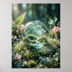 Póster Mundo en miniatura dentro de una gota de rocío