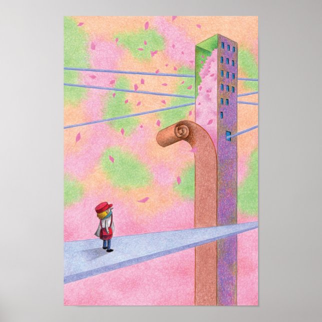 Póster Mundo envuelto en flores de cerezo. (Frente)