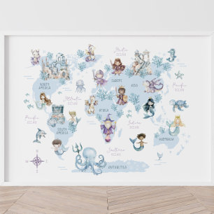 Póster Mundo Mágico Marino, Sirenas, Caballeros, Mapa Mun