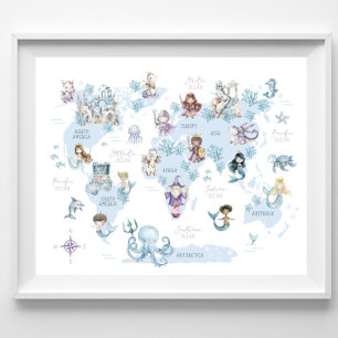 Póster Mundo Mágico Marino, Sirenas, Caballeros, Mapa Mun