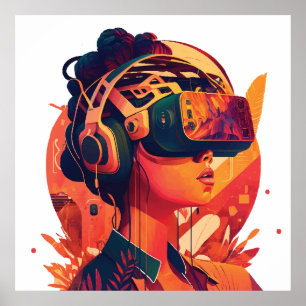 Póster Mundos virtuales: mujer con auriculares VR