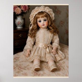 Póster Muñeca de porcelana antigua sentada al estilo vint