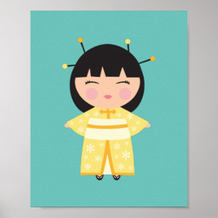 Póster Muñeca japonesa de Kimono Amarillo
