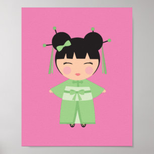 Póster Muñeca Japonesa Kimono Verde  