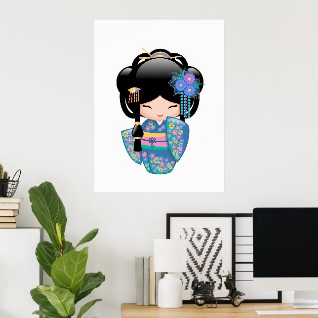 Póster Muñeca Keiko Kokeshi - Chica de Kimono azul Geisha (Oficina en casa)
