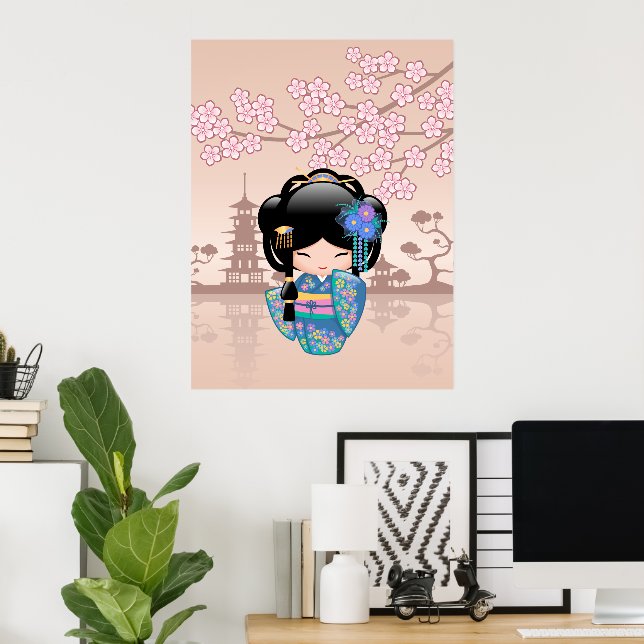 Póster Muñeca Keiko Kokeshi - Chica de Kimono azul Geisha (Oficina en casa)