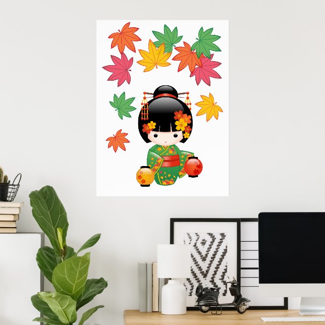 Póster Muñeca Kokeshi Caída - Chica de Kimono Verde Geish (Oficina en casa)