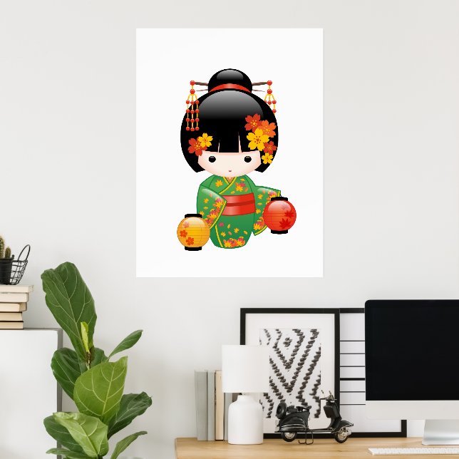 Póster Muñeca Kokeshi Caída - Chica de Kimono Verde Geish (Oficina en casa)