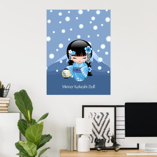 Póster Muñeca Kokeshi de Invierno - Geisha de Montaña Azu