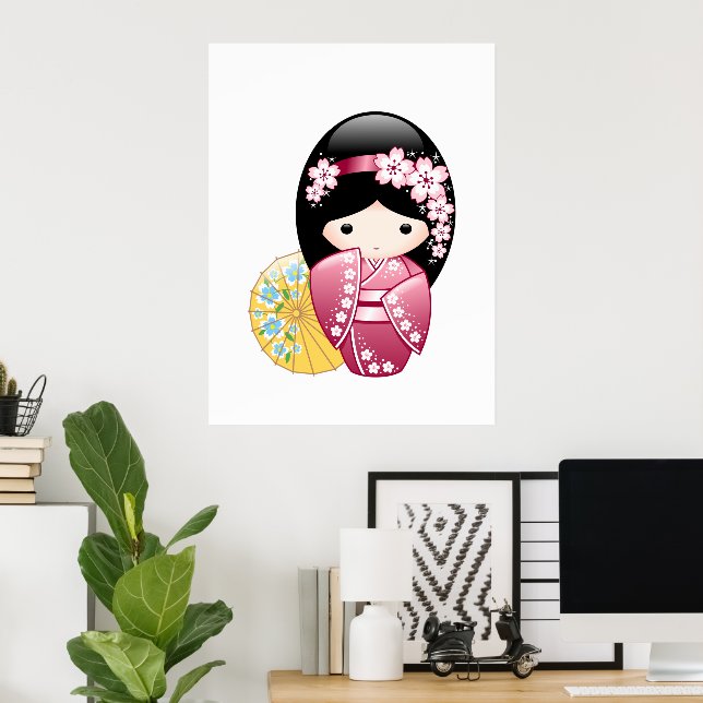 Póster Muñeca Kokeshi de primavera - Chica Geisha japonés (Oficina en casa)
