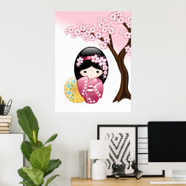 Póster Muñeca Kokeshi de primavera - Chica Geisha japonés