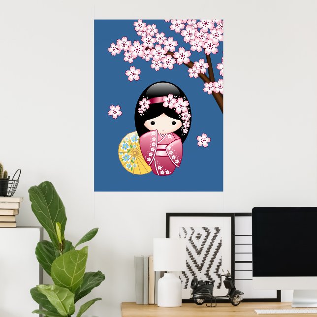 Póster Muñeca Kokeshi de primavera - Geisha japonesa suav (Oficina en casa)