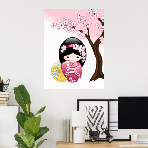 Póster Muñeca Kokeshi de Primavera - Lindo Geisha Japones