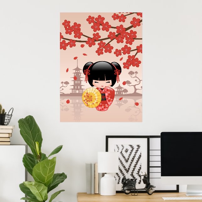 Póster Muñeca Kokeshi de Sakura Roja - Geisha Japonesa (Oficina en casa)