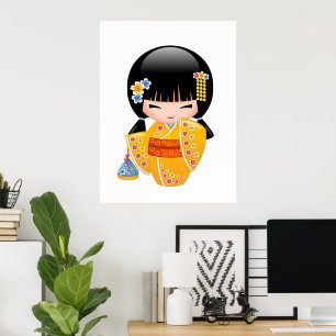 Póster Muñeca kokeshi de verano - Chica Geisha de Kimono