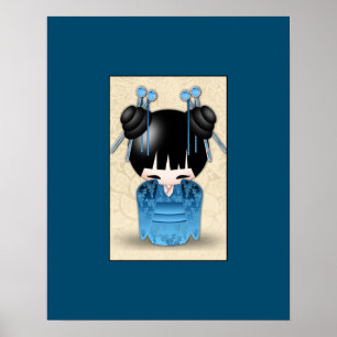 Póster Muñeca Kokeshi Japonesa Cuidada Vestida En Azul