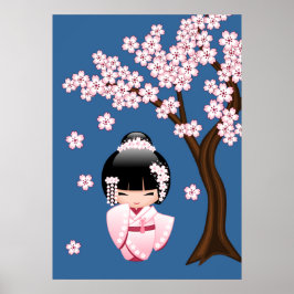 Póster Muñeca Kokeshi Kawaii de Kimono Rosa sobre Azul