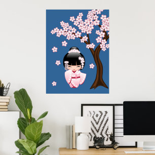 Póster Muñeca Kokeshi Kawaii de Kimono Rosa sobre Azul