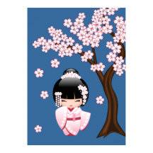 Muñeca Kokeshi Kawaii de Kimono Rosa sobre Azul