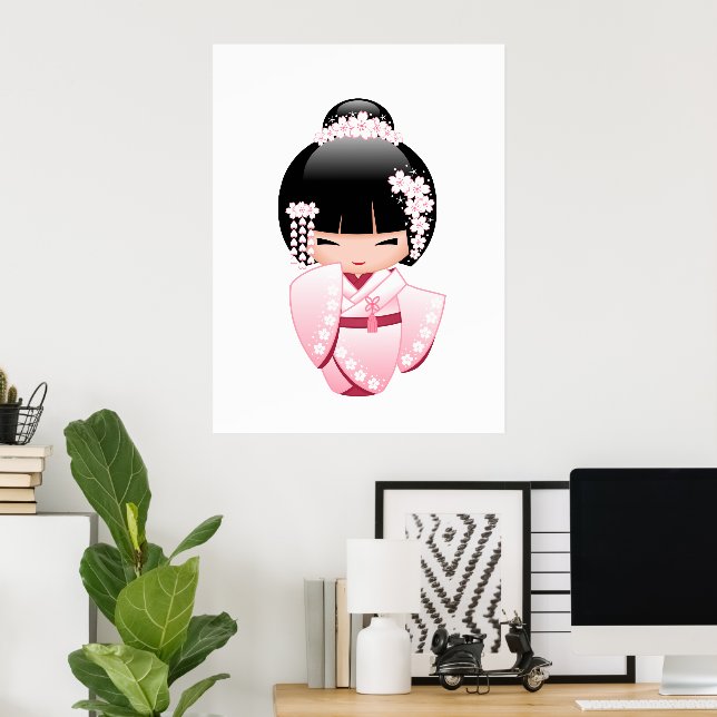 Póster Muñeca Kokeshi kimono blanca - Chica Geisha lindo (Oficina en casa)