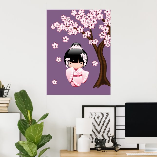 Póster Muñeca Kokeshi kimono blanca - Chica Geisha lindo (Oficina en casa)