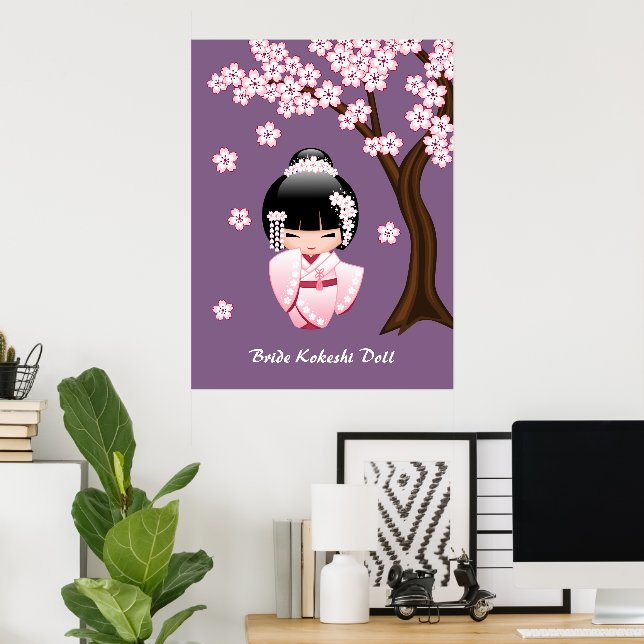 Póster Muñeca Kokeshi kimono blanca - Chica Geisha lindo (Oficina en casa)