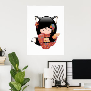 Póster Muñeca Kokeshi Kitsune - Chica Geisha Zorro Negro