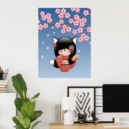 Póster Muñeca Kokeshi Kitsune - Chica Geisha Zorro Negro