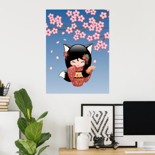 Póster Muñeca Kokeshi Kitsune - Chica Geisha Zorro Negro
