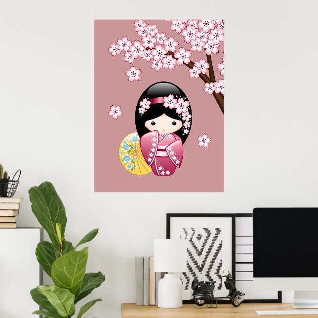 Póster Muñeca Kokeshi primavera - Geisha japonesa suave e (Oficina en casa)