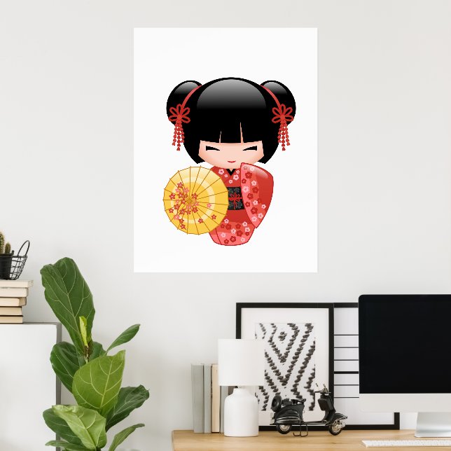 Póster Muñeca Kokeshi Sakura Roja - Geisha Japonesa (Oficina en casa)