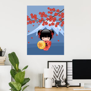 Póster Muñeca Kokeshi Sakura Roja - Niña Geisha Adorable