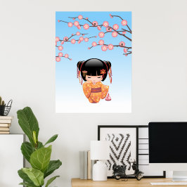 Póster Muñeca Kokeshi Ume - Geisha Japonesa Azul