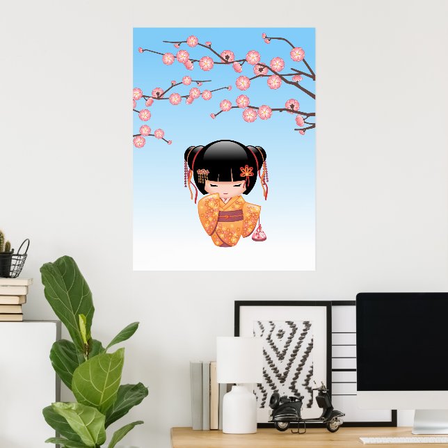 Póster Muñeca Kokeshi Ume - Geisha Japonesa Azul (Oficina en casa)