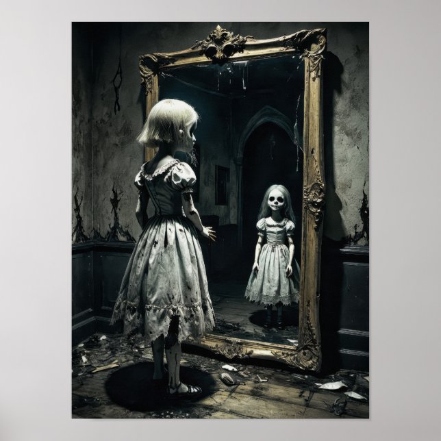 Póster Muñeca maldita en atmósfera de espejo de terror (Frente)